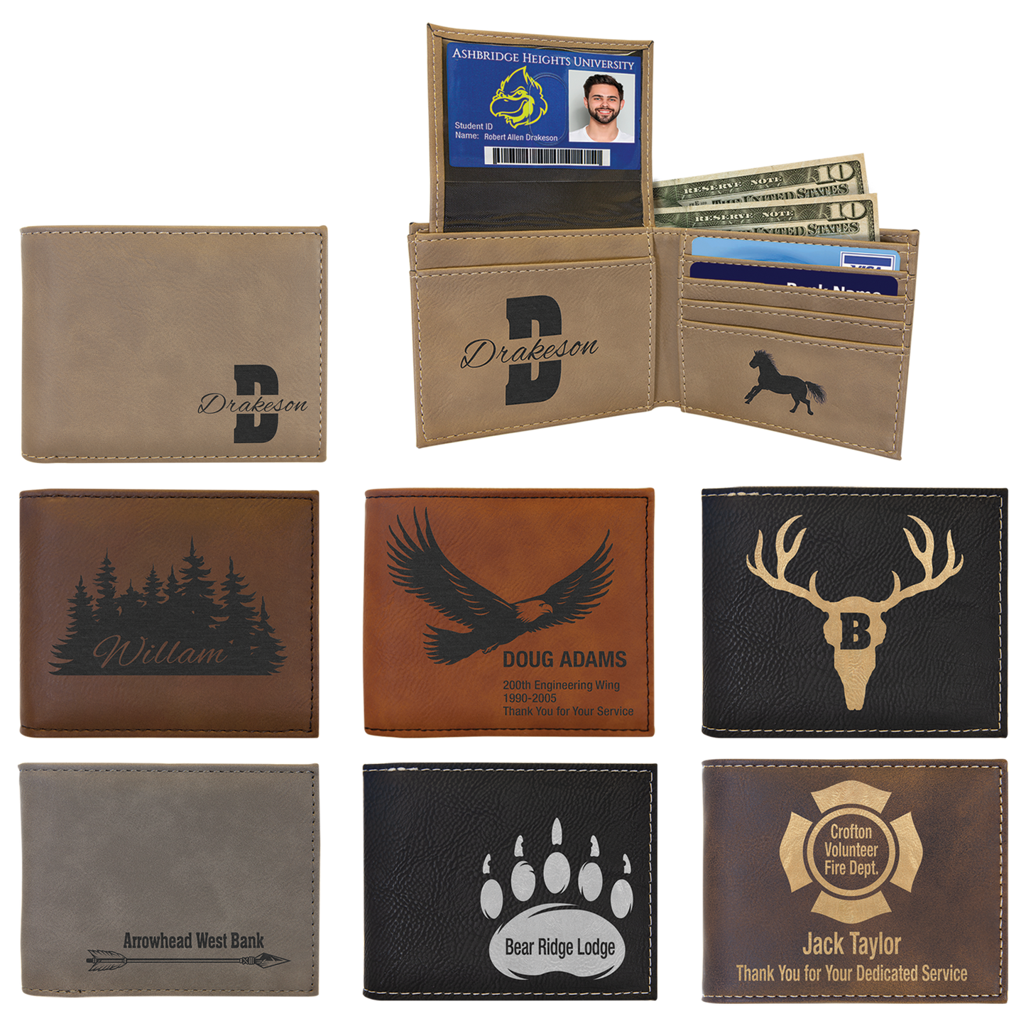 Laserable Leatherette Bi-Fold Wallet w/Flip ID